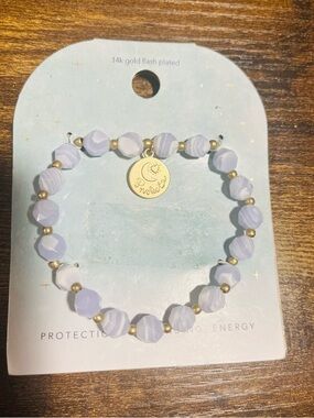 14K Gold-Trim  Lavendar/Blue Beaded Charm Bracelet 14k Flash Plated Accents
